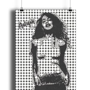 Puede incluir: Retrato en blanco y negro de una persona con el pelo largo, creado utilizando un patrón de círculos blancos sobre un fondo negro.