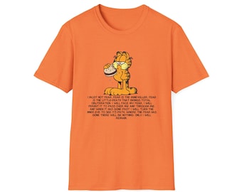 Garfield Hamburger/Litany Against Fear Unisex Softstyle T-Shirt - Dune, Cartoon Cat Tee, Funny Graphic Top, Novelty Gift, Pop Culture Shirt