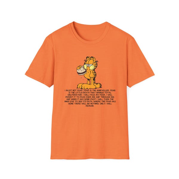 Garfield Hamburger/Litany Against Fear Unisex Softstyle T-Shirt - Dune, Cartoon Cat Tee, Funny Graphic Top, Novelty Gift, Pop Culture Shirt
