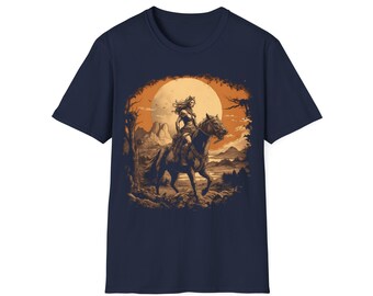 Lonely Rider Woodcut Wilderness Graphic Vintage Tee Unisex Softstyle T-Shirt