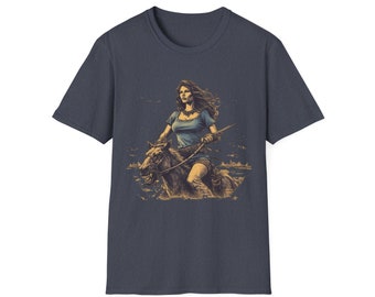 Western Vampire Country Girl on a Horse Woodcut Wilderness Vintage Old Tmey Unisex Softstyle T-Shirt