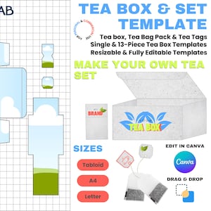 May include: A template for a tea box and set, featuring a box design, tea bag pack, and tea tags. The design includes a box with a lid, tea bag templates, and the text "MAKE YOUR OWN TEA SET". The template is editable in Canva.