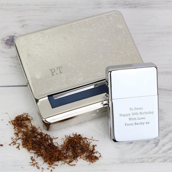 Personalised Tobacco Rolling Tin and Silver Lighter Set | Personalised Gift  for Him
