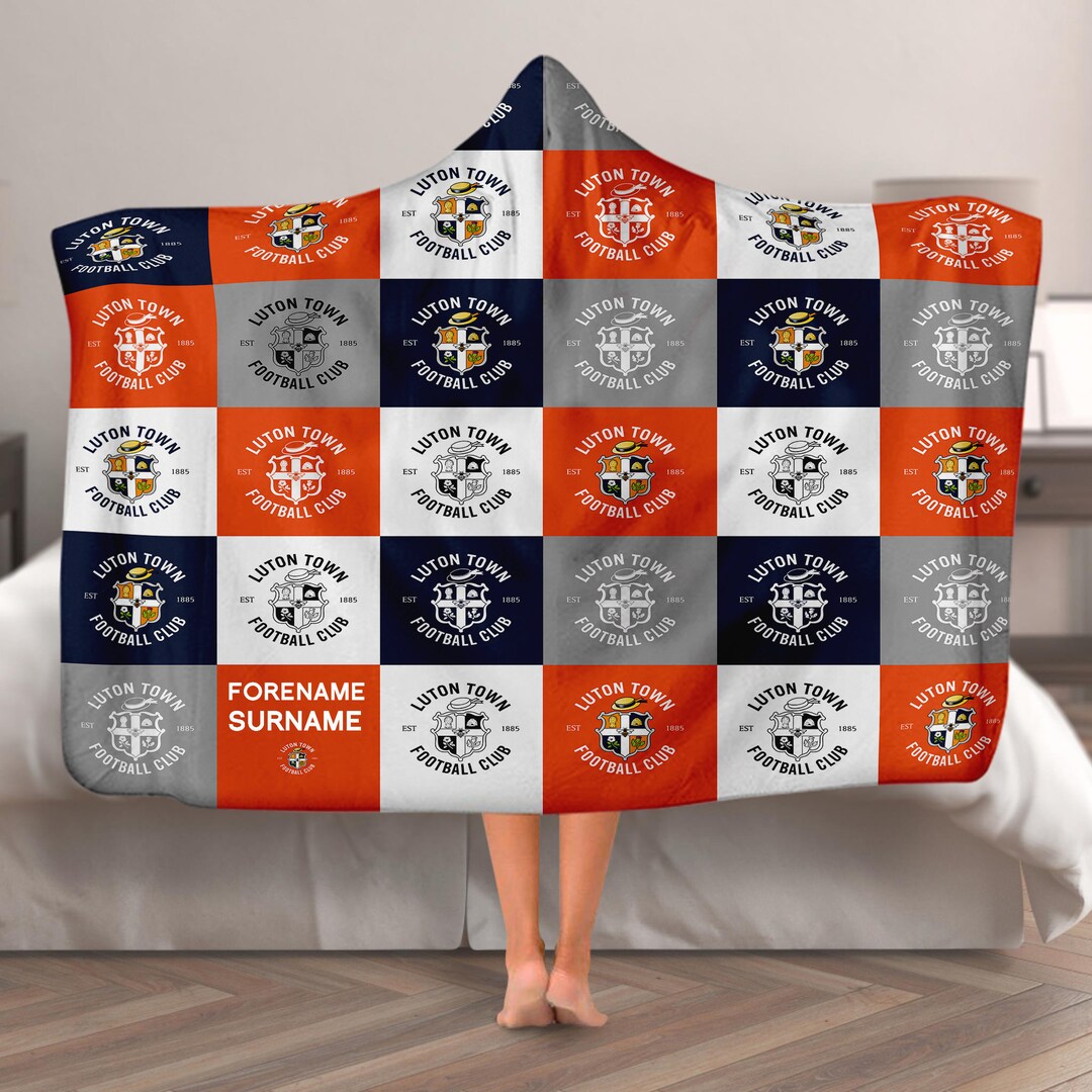 Personalised Luton Town Chequered Adult Hooded Fleece Blanket Official