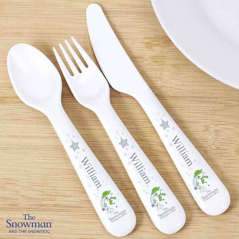 Personalised The Snowman and the Snowdog 3 Piece Plastic Cutlery Set | Children’s Personalised Gift image 2