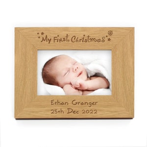 Personalised Oak Finish 6x4 My First Christmas Photo Frame | Baby Christmas Keepsake image 1