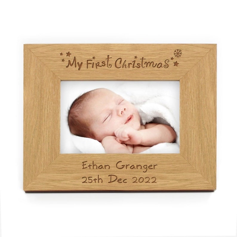 Personalised Oak Finish 6x4 My First Christmas Photo Frame | Baby Christmas Keepsake image 1