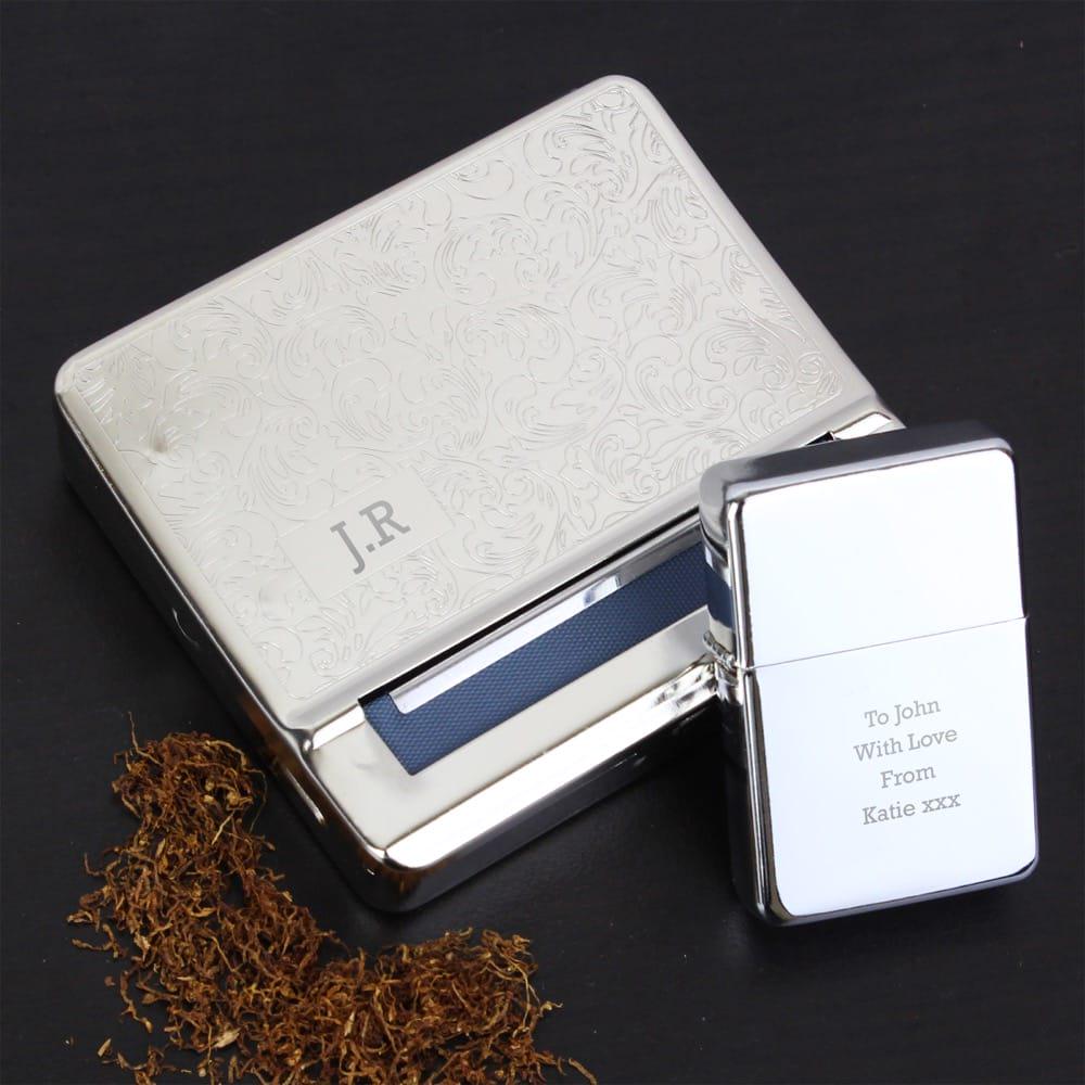 Personalised Tobacco Rolling Tin and Silver Lighter Set | Personalised Gift  for Him