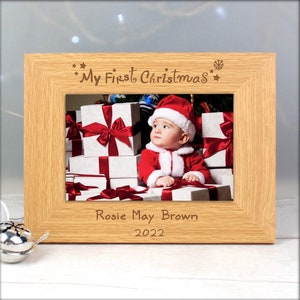 Personalised Oak Finish 6x4 My First Christmas Photo Frame | Baby Christmas Keepsake image 2