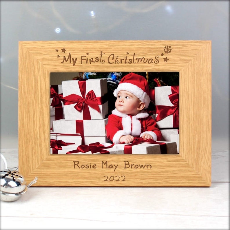 Personalised Oak Finish 6x4 My First Christmas Photo Frame | Baby Christmas Keepsake image 2