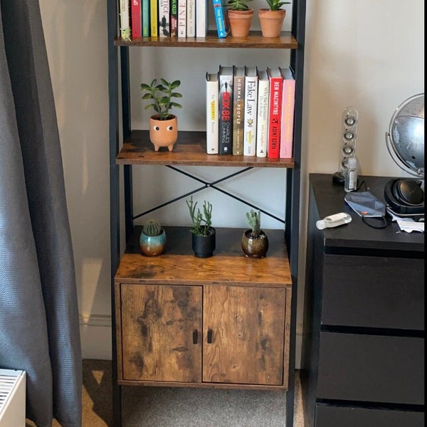 New Industrial Style Ladder Shelf Bookcase Bookshelf Shelving Storage Unit | Rustic Brown Home Living Room Bedroom Wooden Furniture Steel