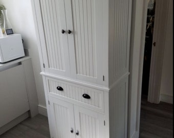 Tall Kitchen Pantry Cupboard | White Wood Storage Cabinet | Traditional Colonial Freestanding Unit Space Saving Drawers Shelves Farm House