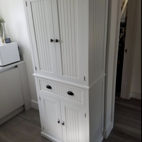 Tall Kitchen Pantry Cupboard | White Wood Storage Cabinet | Traditional Colonial Freestanding Unit Space Saving Drawers Shelves Farm House