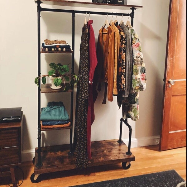 Industrial Wooden Clothes Rack On Wheels Clothing Rail Stand Rustic Open Wardrobe Storage Shelves Clothes Organiser Bedroom Home Furniture