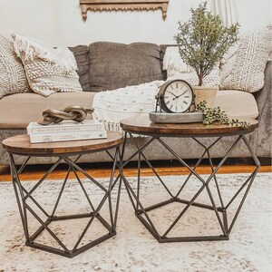 Industrial Set 2 Side End Coffee Tables With Steel Frame Vintage Retro Rustic Brown Home Living Room Bedroom Wooden Furniture Modern