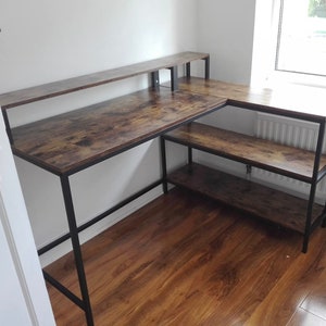 Industrial Style L-Shaped Rustic Corner Computer Desk With Monitor Stand & Shelves Vintage Retro Brown Home Office Bedroom Wooden Table