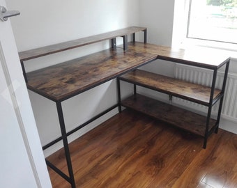 Industrial Style L-Shaped Rustic Corner Computer Desk With Monitor Stand & Shelves Vintage Retro Brown Home Office Bedroom Wooden Table