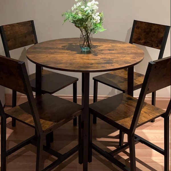 Industrial Dining Table Round 4 Rustic Chairs Set Vintage Metal Wood Blend Furniture Kitchen Retro Living room Heavy Duty