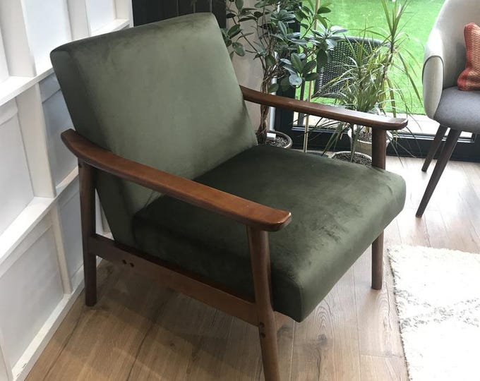 Olive Green Chair Mid-century Wooden Frame Armchair Living Room Vintage ...