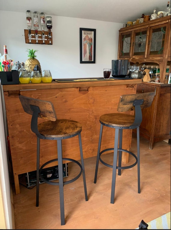 Taburetes de bar industriales con respaldo, juego de 2 sillas rústicas,  estructura de acero, asiento de comedor de metal, sillas altas para  desayuno, taburetes vintage, taburetes de cocina, cafetería retro -   México