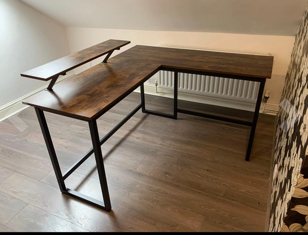 Large Industrial Style L shape Corner Desk Rustic With Monitor Stand Metal Frame Vintage Retro Brown Workstation Computer Table Station Etsy UK