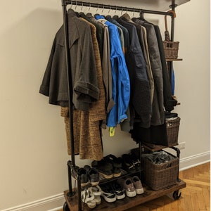 Industrial Wooden Clothes Rack on Wheels Clothing Rail Stand Rustic ...