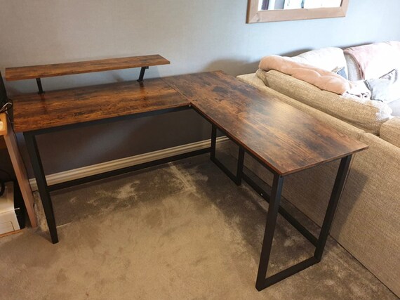 Large Industrial Style L Shape Corner Desk Rustic With Monitor Stand Metal Frame Vintage Retro Brown Workstation Computer Table Station