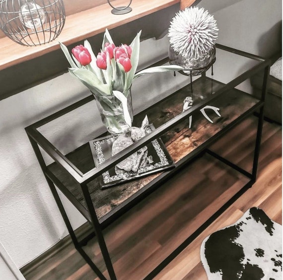Industrial Console Table With Rustic Tempered Glass Top Storage