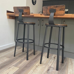 Industrial Bar Stools Backrest Set Of 2 Rustic Chairs Steel Frame Metal Dining Seat High Breakfast Vintage Chairs Kitchen Stools Retro Cafe