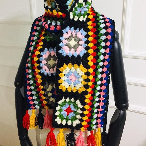 Colorful Patchwork, Crochet Scarf Handmade, Granny Square, Oversized Scarf, Vintage Knit Scarf, Wool Scarf Women, Cowl Scarf, Winter Scarf