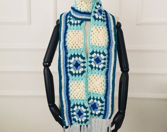 Handmade Crochet Granny Square Wool Scarf: Colorful Patchwork Shawl | Unisex Winter Scarf | Soft Warm Knit Scarf | Cozy Gift for Him or Her