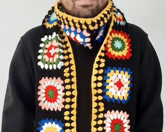 Handmade Wool Crochet Granny Square Scarf: Colorful Patchwork Knit