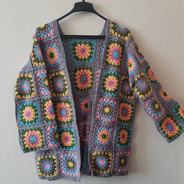 Spring Granny Square Cardigan, Chunky Cardigan, Crochet Cardigan Long, Oversize Cardigan, Colorful Cardigan, Cotton Clothing,Bomber Cardigan