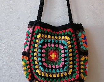 Handmade Granny Square Crochet Tote Bag: Afghan Lined Cotton Shoulder Bag