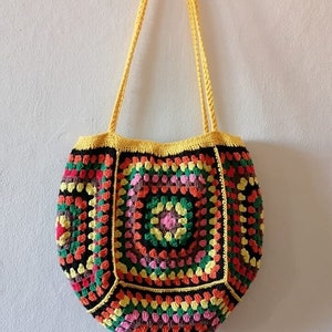 Handmade Granny Square Crochet Tote Bag: Lined Cotton Shoulder Bag