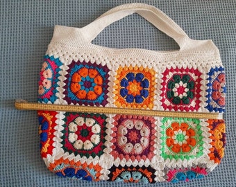 Handmade Granny Square Crochet Tote Bag: Lined Satchel Purse for Mom, Cotton Yarn