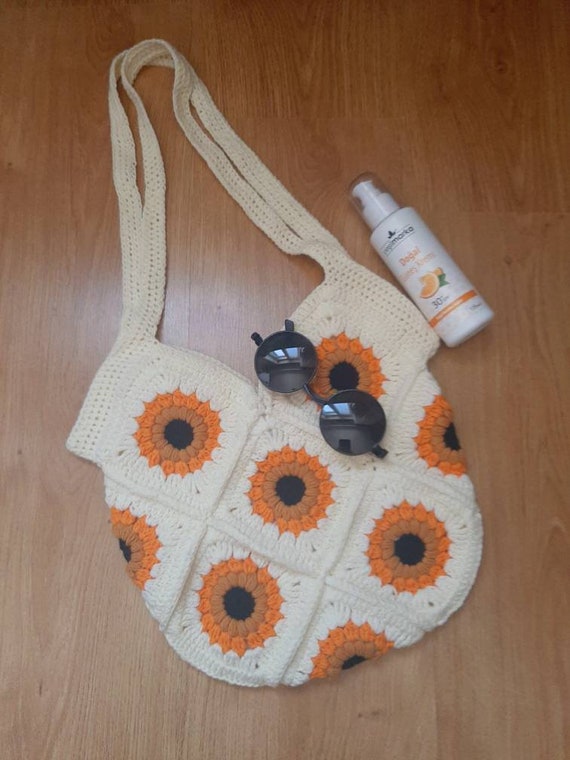 Handmade Crochet Sunflower Tote Bag: Eco-Friendly Cotton Purse