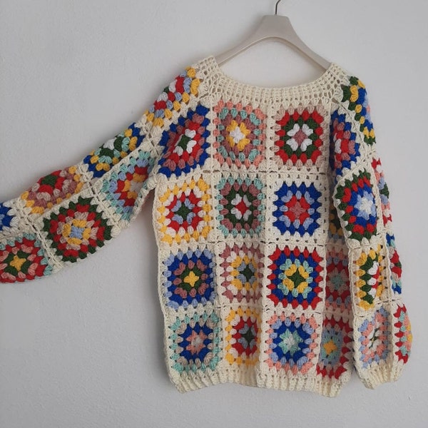 Colorful Spring Chunky Sweater, Vibrant Handmade Chunky Knit Sweater, Crochet Sweater, Artisanal Afghan Spring Sweatshirt, Granny Square