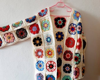 Summer Colorful Cardigan, Cozy Handmade Crochet Chunky Cardigan, Soft Hand Woven Oversized Cardigan, Granny Square Afghan Patchwork Jacket