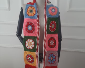 Handmade Crochet Granny Square Scarf: Colorful Patchwork Wool Blend Wrap