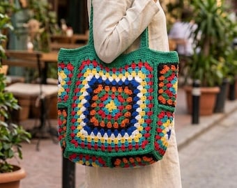Handmade Granny Square Crochet Tote Bag: Lined White Satchel