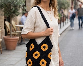 Handmade Crochet Sunflower Tote Bag: Eco-Friendly Cotton Granny Square Purse