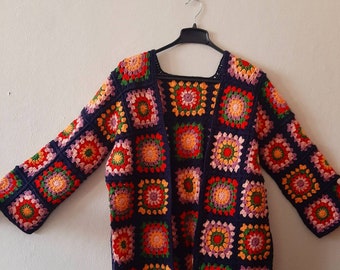 Spring Chunky Cardigan, Granny Square Cardigan,  Crochet Cardigan, Oversize Cardigan, Colorful Cardigan, Christmas Gift, Bomber Cardigan