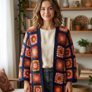Navy Blue Granny Square Crochet Cardigan: Colorful Cotton Patchwork Handmade Kimono
