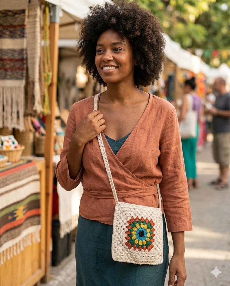 Handmade Crochet Bag: Boho Granny Square Colorful Pouch image 1