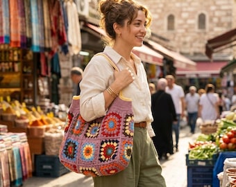 Handmade Crochet Granny Square Tote Bag, Colorful Cotton Yarn Shoulder Bag