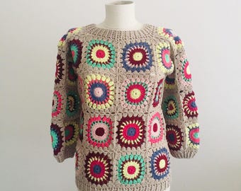 Crochet Granny Square Sweater: Colorful Patchwork Pullover for Spring and Summer