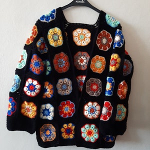 Granny Square Cardigan, Handmade Crochet Afghan Coat, Oversize Colorful Crochet Women&#39;s Jacket, Long Black Sweater, Personalization Knitwear