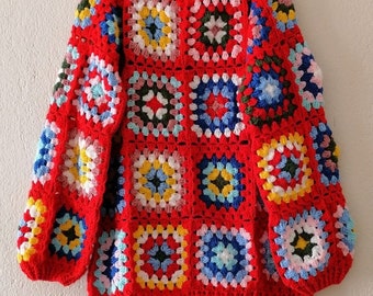 Spring Chunky Sweater, Granny Square Sweater, Knit Sweater, Crochet Sweater, Oversize Sweater, Colorful Sweater, Bomber Sweater, Sweatshirt