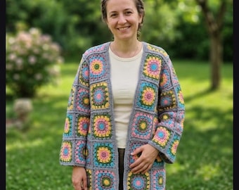 Grey Granny Square Crochet Cardigan: Colorful Cotton Knit Jacket Summer Coat